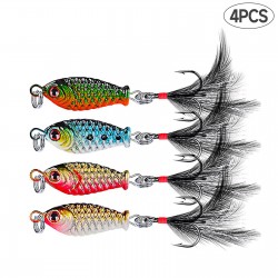 4pcs 3cm 5g 4 Color Fishing Bait Vib Tied Feathers Spoon Artificial Fishing Lure For Bass Big Eye Fish Pike Musk Fish Trout